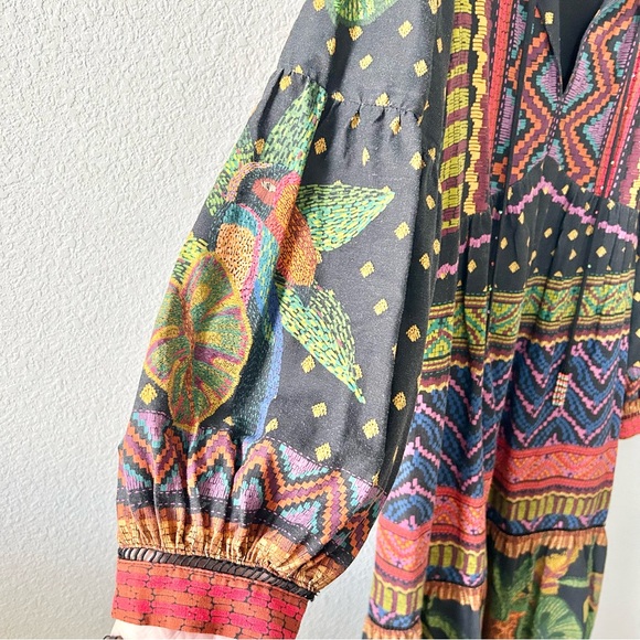 Farm Rio Forest Tapestry Split-Neck Midi Dress Size Large Beaded Tassels - Picture 4 of 8